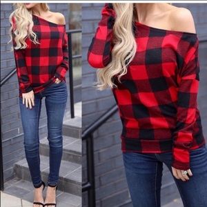 RESTOCK RED PLAID ONE SHOULDER- Sweater